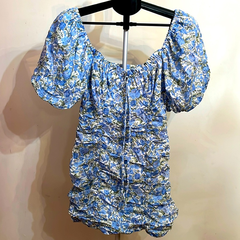Vestique Floral Ruched Mini Dress With Balloon Sleeves